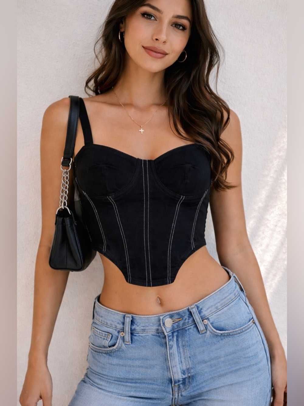 Zara Black Corset Top Bustier Contrast Stitch Zip Back Size S